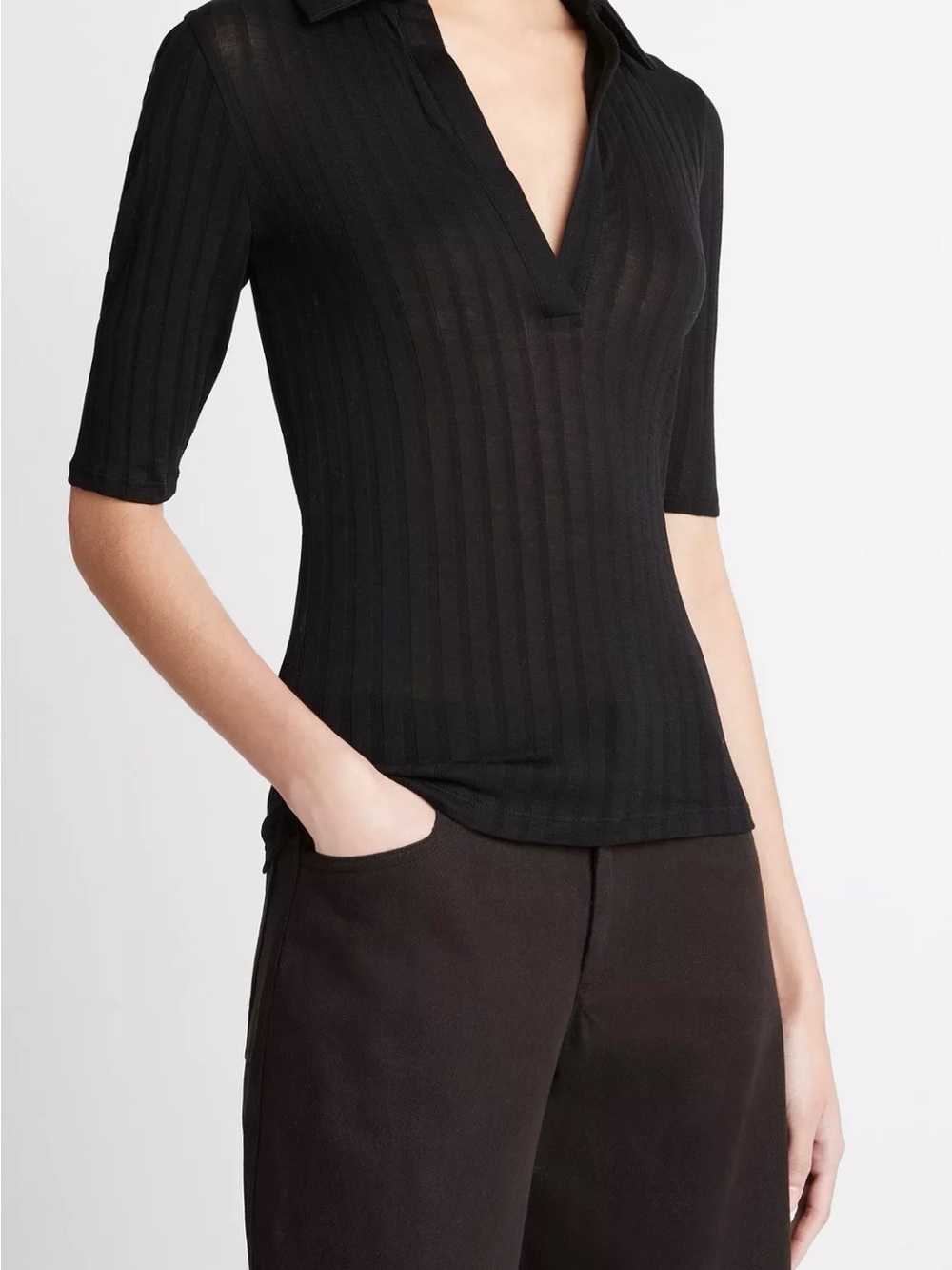 Vince Womens Cotton Elbow-Sleeve Polo Shirt Black Size Small 100% Cotton